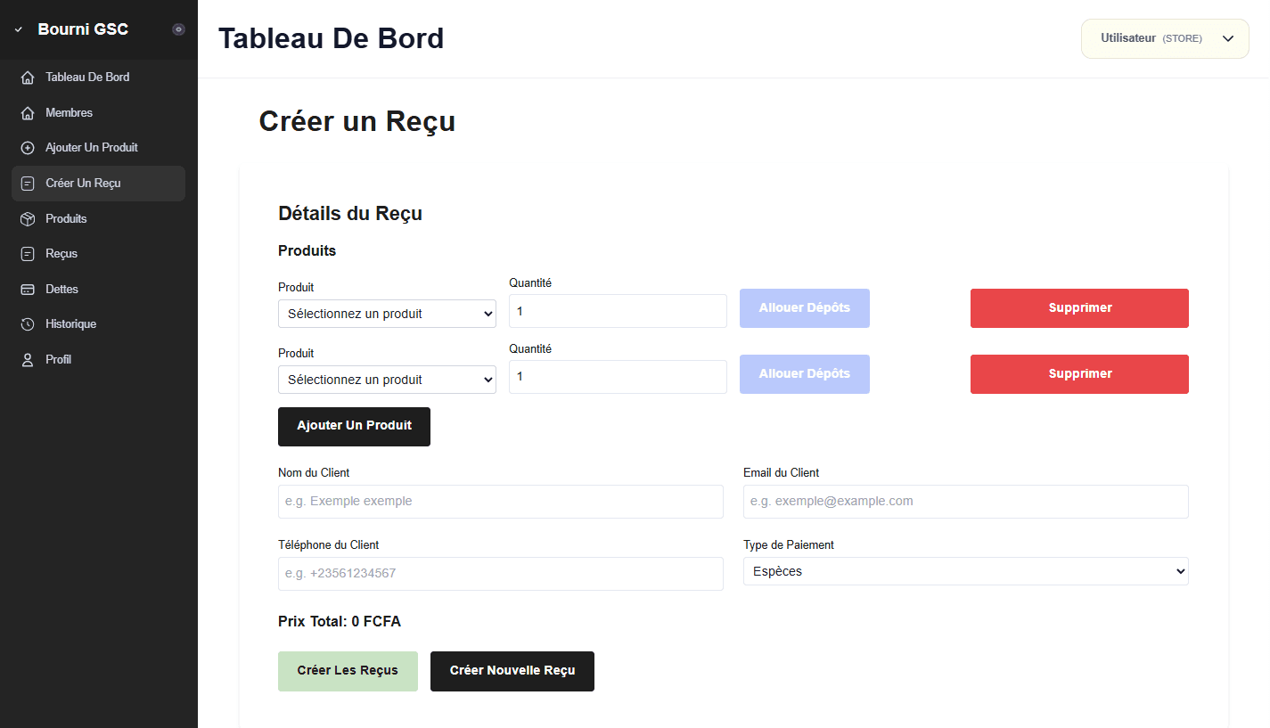 Interface de création de facture pour le magasin